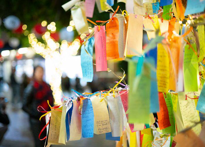 A colorful Tanabata tree, showing off all the wishes made during this traditional Japanese festival.